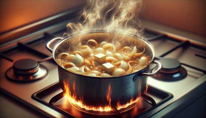 A large pot on the stove with melting butter and thinly sliced onions turning deep golden brown, steam rising.