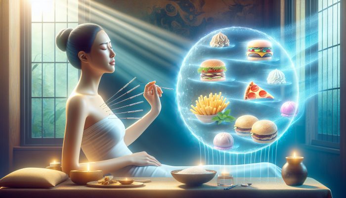 A peaceful individual receiving acupuncture, surrounded by a calming atmosphere, with fading food images and uplifting light.