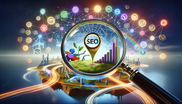 Top SEO Company in Yeovil, Somerset: A magnifying glass emphasizing "SEO" and "ESSENTIAL" amidst icons representing business growth and search rankings.