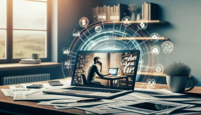 Insights from Experts on the Effects of Remote Work on Debt Consolidation: UK Insights | DCL A person in a serene home office on a video call, surrounded by financial documents and a laptop showing debt consolidation charts.