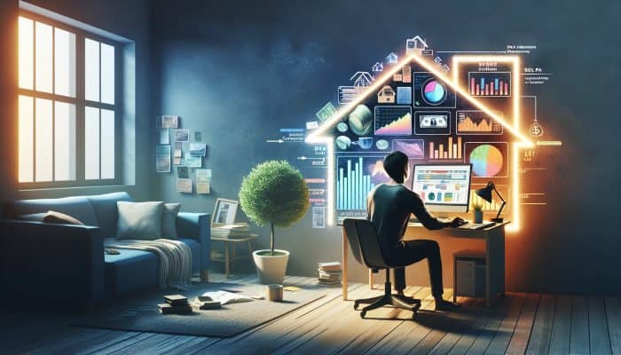Analyzing Emerging Trends in Remote Work and Their Financial Implications: UK Insights | DCL A person in a modern home office studying financial literacy online, surrounded by charts on remote work trends and debt consolidation.