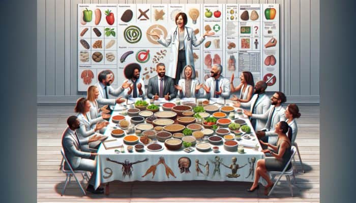 Nutrition experts discussing plant-based proteins with charts and graphs on a table featuring tofu, lentils, and quinoa.