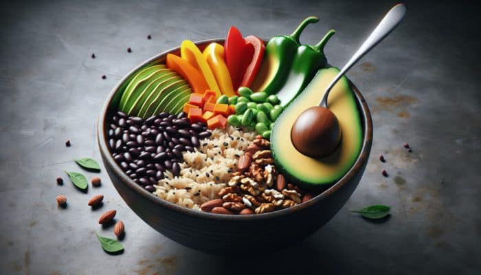 A colorful bowl with brown rice, black beans, bell peppers, avocado, and nuts, highlighting a balanced, nutrient-dense meal.