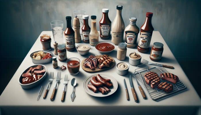 A table showcasing Kansas City BBQ sauce in a jar, Alabama white sauce in a bowl, and a custom BBQ sauce in a bottle, paired with grilling tools and meats.