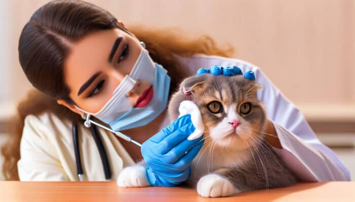 Veterinarian gently cleaning a Scottish Fold cat's ear with a cotton ball and vet-approved solution.