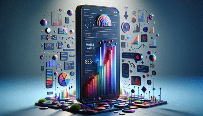A smartphone displaying an optimized website with title tags, juxtaposed with graphs illustrating mobile traffic and SEO success.