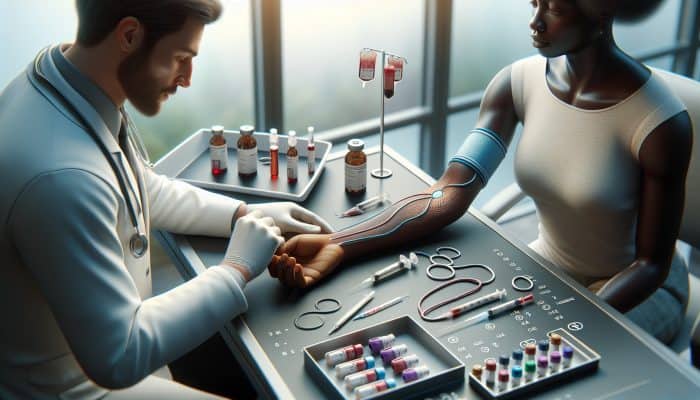 Testosterone Blood Test in Dunstable: A healthcare professional drawing blood from a patient's arm for a testosterone test in a clinic.