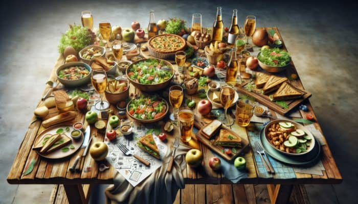 A rustic table beautifully arranged with daytime meals like salads, sandwiches, quiches, and an assortment of craft ciders.