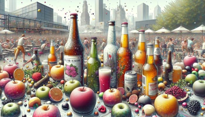 A lively craft cider festival showcasing an array of innovative flavors like elderflower and hibiscus in an urban environment.