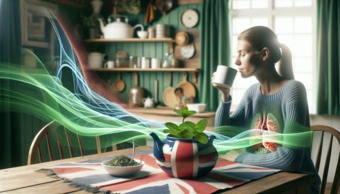 Individual enjoying peppermint tea in a cozy UK kitchen, with green waves symbolizing digestive relief.