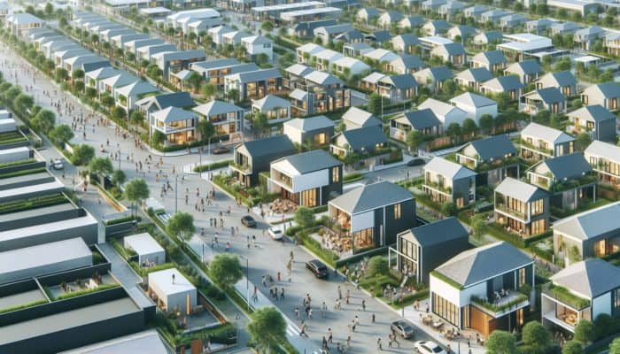 Aerial view of a vibrant neighborhood showcasing modern entry-level homes and green spaces.