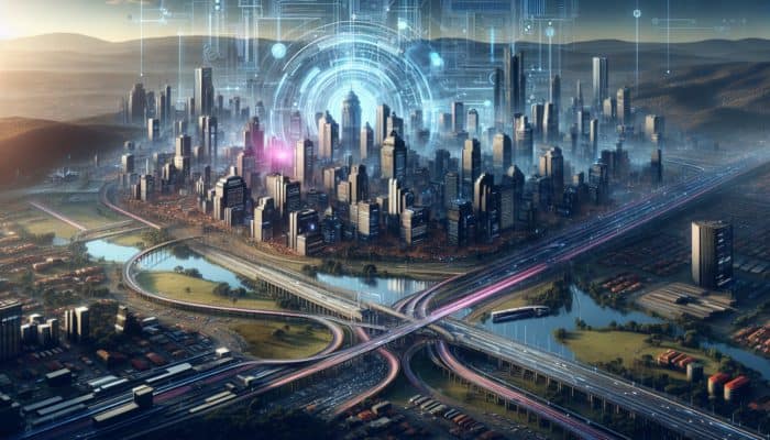 Futuristic Pietermaritzburg skyline showcasing new transport routes and modern commercial developments enhancing urban renewal.