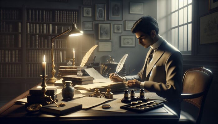 An executor diligently working in a well-organized study with legal documents and a will.