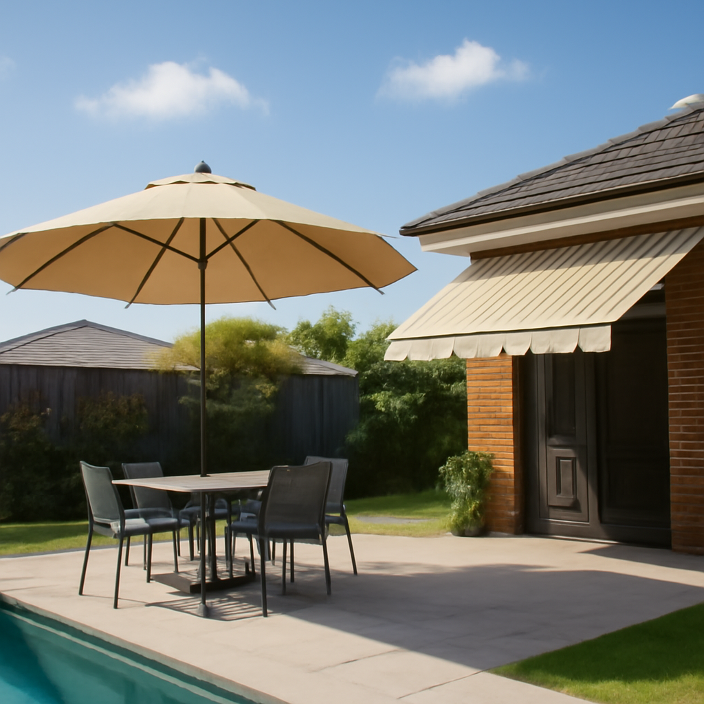 Illustration for versatile freestanding shade options: umbrellas and retractable awnings for Brisbane backyards