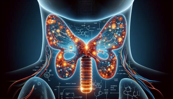 Detailed illustration of the butterfly-shaped thyroid gland at the base of the neck, responsible for releasing T3 and T4 hormones that impact metabolism and growth.