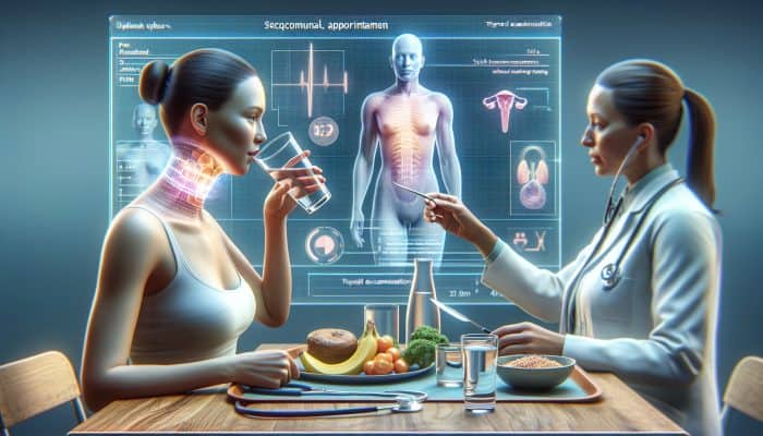 Individual drinking water and having a snack after their thyroid test, with a calendar showing a follow-up appointment, while a doctor discusses results in a clinic.