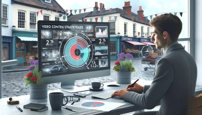 A small business owner in Totnes developing a video content strategy incorporating local market elements and goal-setting visuals.
