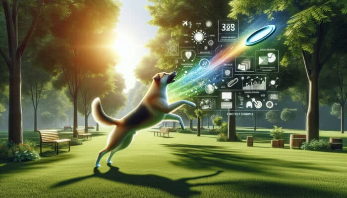 A dog jumping to catch a frisbee in a sunny park, demonstrating agility and muscle strength.