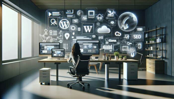 Designer utilizing various tools like WordPress, Wix, Squarespace, Google Analytics, Yoast SEO, Canva, and Screaming Frog for effective website design.