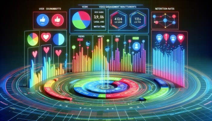 Digital dashboard showcasing graphs of video engagement metrics by user sign-up month, focusing on retention rates.