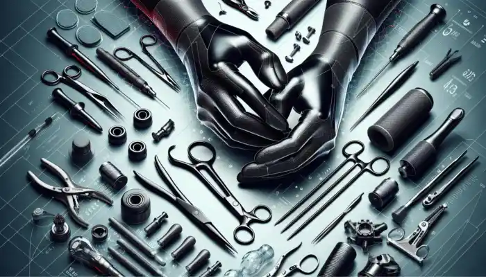 Hands wearing sleek, black latex gauntlet gloves, showcasing both protection and style, alongside medical and industrial tools.