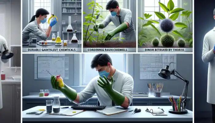 A person utilizing latex gauntlet gloves for laboratory work, gardening, and food preparation, illustrating versatility and safety.