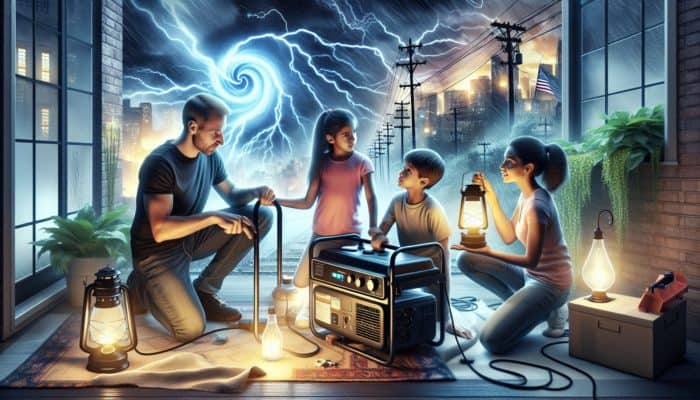 Family using lanterns and generator during storm-induced power outage, ensuring safety and comfort.