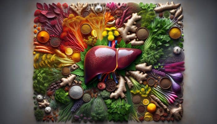 A vibrant array of detox herbs surrounding a glowing liver, symbolizing health and wellness.