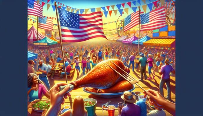 A festival scene with people enjoying smoky turkey legs, surrounded by American flags and lively crowds.
