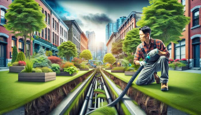 A skilled landscaper installing a modern yard drainage system in Gastown, Vancouver, amidst historic buildings and lush greenery.