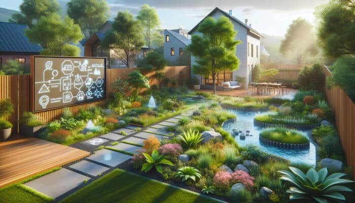 An eco-friendly yard featuring bioswales, rain gardens, and smart technology for efficient and sustainable drainage solutions.