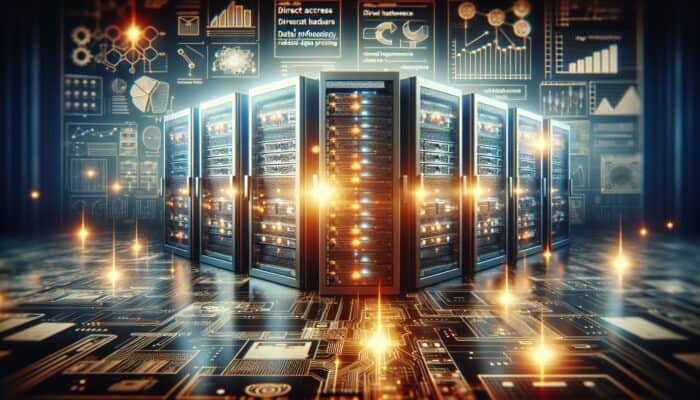 Futuristic server room displaying glowing bare-metal servers, symbolizing superior performance in trading and streaming.