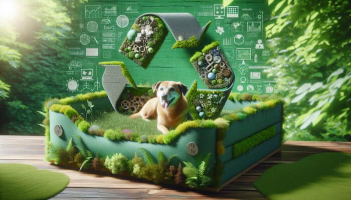 Cozy pet bed made from recycled materials in a lush, green setting, illustrating sustainability.