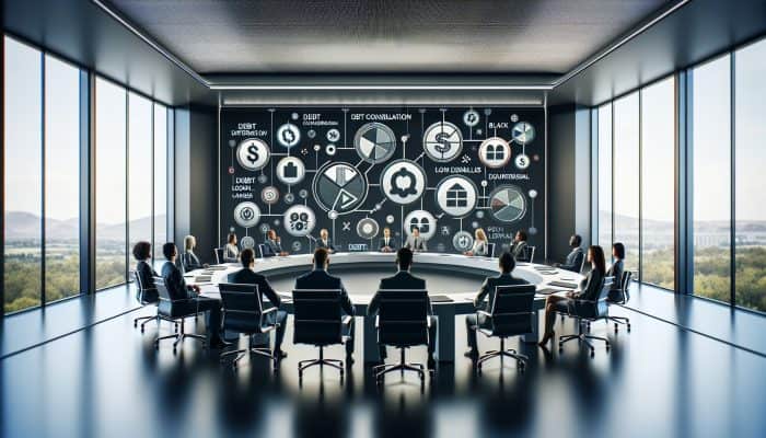A group of financial experts discussing debt consolidation loan denials in a conference room with visual aids.