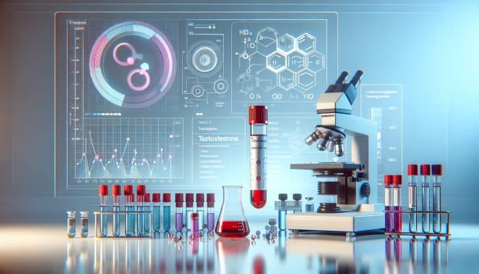Testosterone Blood Test in Sheffield: A blood sample being analyzed for testosterone levels in a modern laboratory, surrounded by charts and graphs.