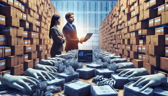 A professional buyer in Derby consulting a supplier amidst stacks of nitrile gloves in a warehouse.