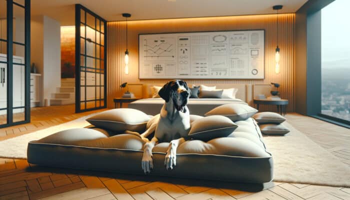 A spacious and cozy bedroom for a Great Dane featuring a large, orthopedic dog bed and supportive pillows.