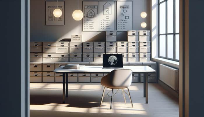 A person working on a laptop in a minimalist UK home, surrounded by organized boxes, illuminated by soft natural light.
