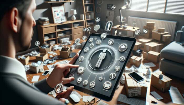 Person using a tablet for home inventory and video call, documenting items for sale in a cluttered home.