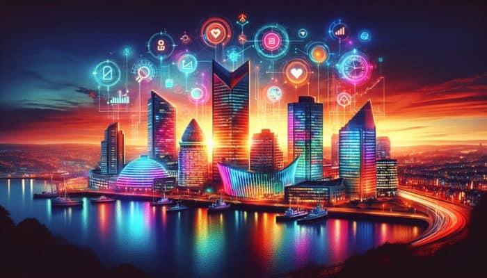 A captivating Plymouth cityscape at sunset showcasing glowing neon SEO keywords above contemporary buildings.