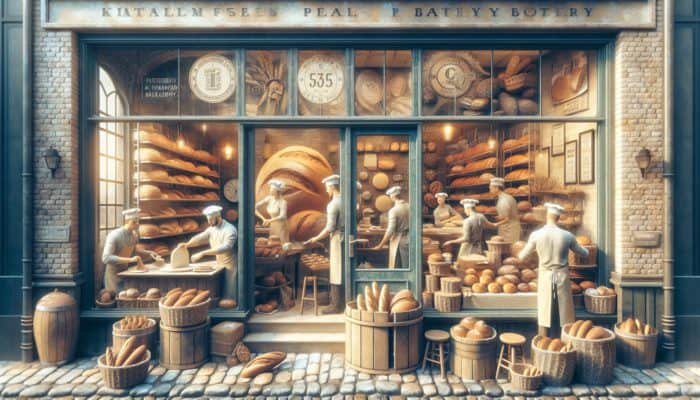A busy Plymouth bakery showcasing fresh bread and signs promoting local SEO visibility.