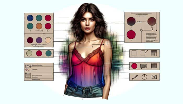 A woman demonstrating 'peekaboo' and 'bulk-free' layering techniques with a vibrant camisole and sheer blouse.