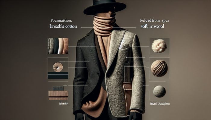 A person in a layered outfit with cotton, wool, and silk, showing breathability and elegance.