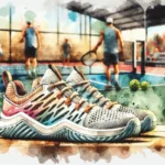 A pair of athletic Xero Shoes sits on a wooden bench in the foreground, with a pickleball court, players, and spectators blurred in the background. Several pickleballs are scattered near the shoes.