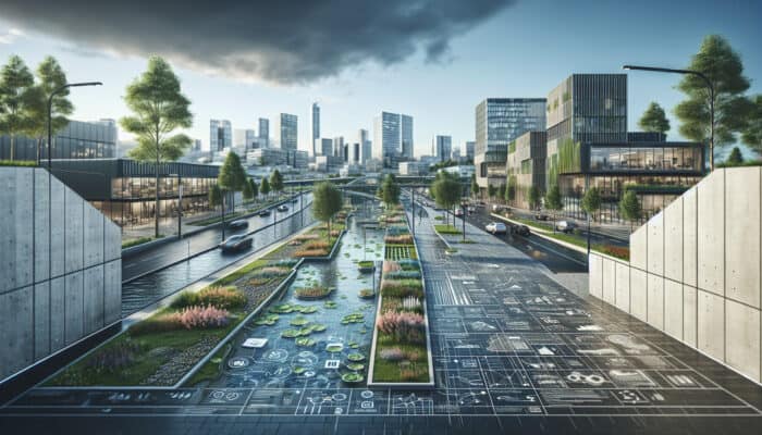 Modern urban landscape with permeable paving and smart drainage systems showcasing sustainability and efficiency.
