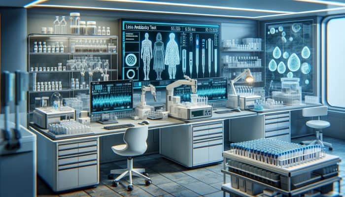 Modern laboratory with advanced equipment analyzing new coeliac disease tests, including saliva and stool samples.