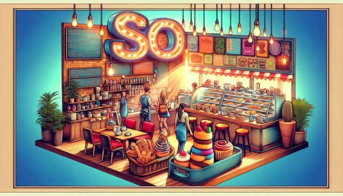 A bustling Weymouth coffee shop with "Best Pastries in Weymouth" sign, locals and tourists, SEO keywords integrated into decor and menu.