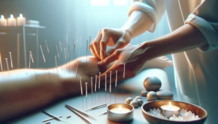 A serene acupuncture session targeting gout, with needles around inflamed joints and distal points, in a calm environment.