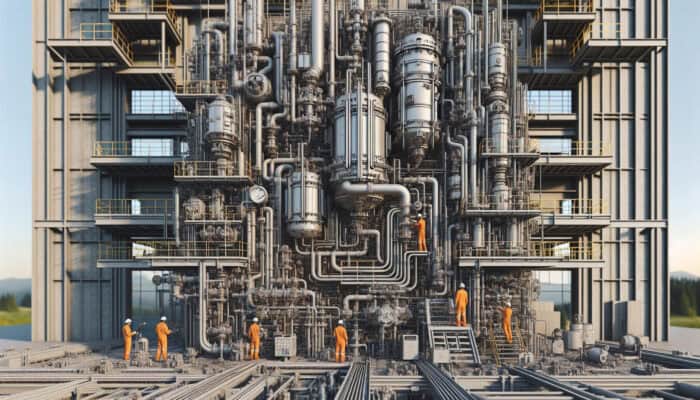 A technical view of a modern boiler with cross-section details, pipes, and valves, while technicians perform maintenance in an industrial setting in Ladner, Delta.
