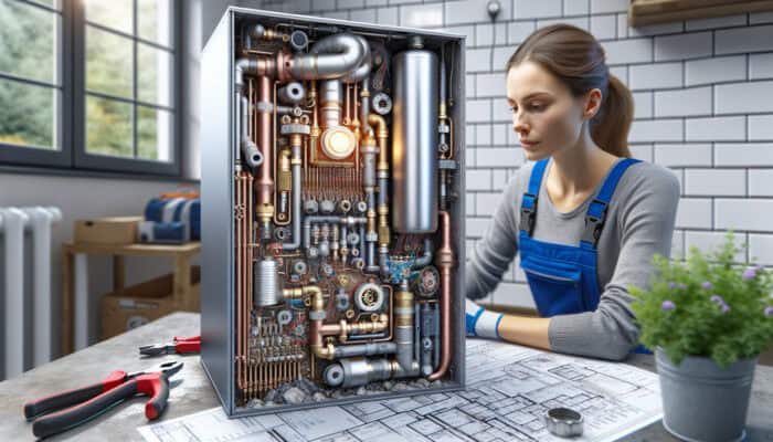 A detailed view of a boiler showing leaks from corroded pipes and faulty valves, with a technician performing repairs in a home in Ladner.